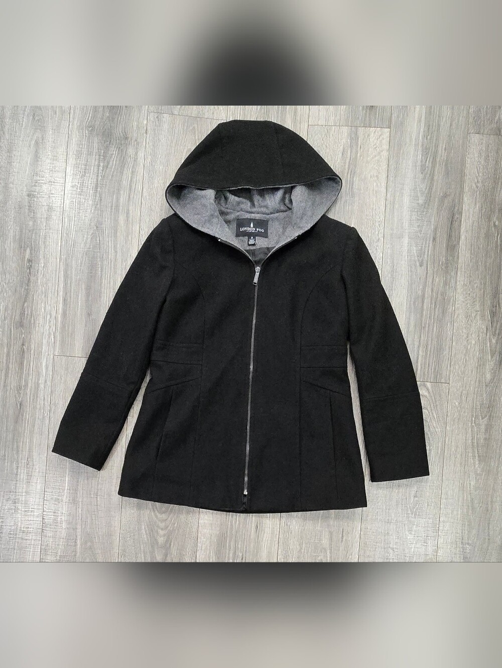 London Fog Women’s Black Wool Blend Hooded Zip Coat Size Small